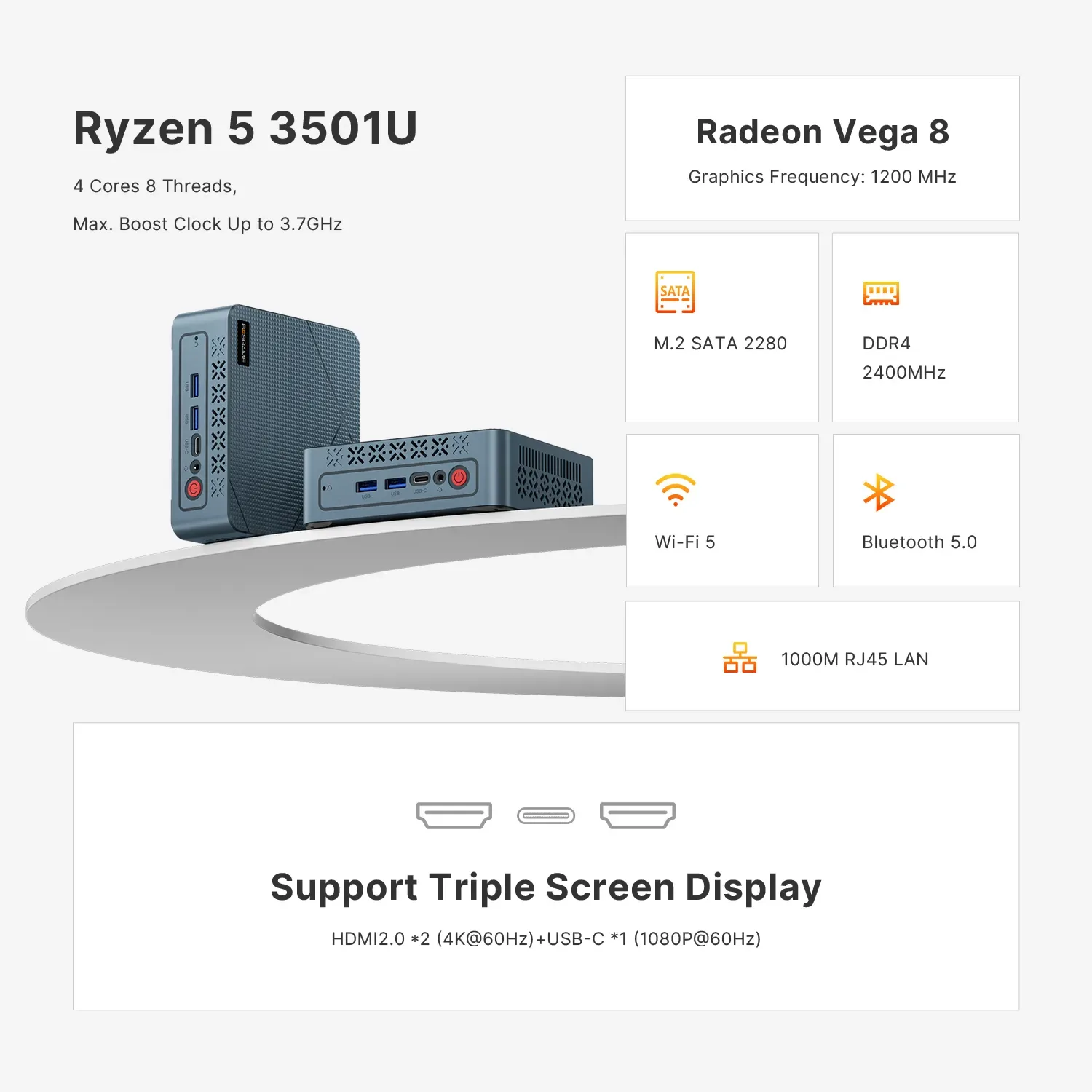 BOSGAME E2Air Mini PC, AMD Ryzen 5 3501U up to 3.7GHz, 8GB RAM 256GB SSD